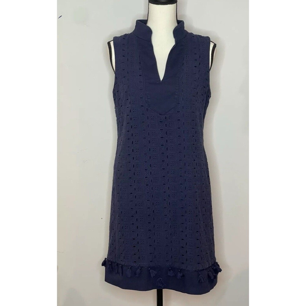 Eliza J Size 12 Navy Blue Eyelet Tassel Shift Split Mandarin Collar Sleeveless - Picture 4 of 14